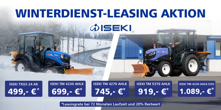 Aktionsbanner mit 2 Iseki Traktoren mit Anbaugeräten für den Winterdienst, Preistafeln für verschiedene Iseki-Modelle im Leasing