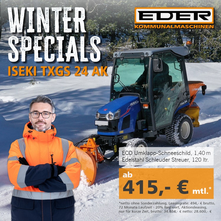 Werbebanner mit Winterspecial für Iseki TXGS 24 AK ab 415.- mtl. Leasingrate