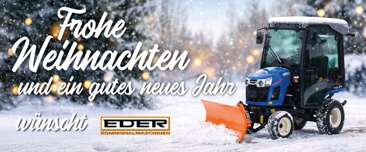 Verschneite Winterlandschaft mit Iseki im Winterdienst und Weihnachtsgruß