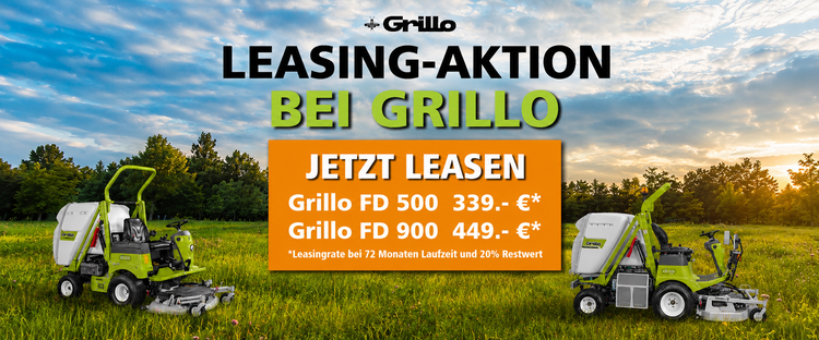 Bild zeigt 2 Grillo Maschinen FD 500 und FD 900 mit verschiedenen Aufsätzen und bewirbt die Leasing-Aktion zum Vorteilspreis