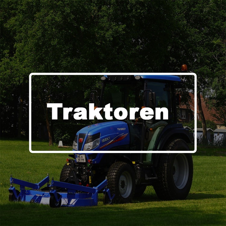 Bild eines Iseki Traktors auf einer Grünfläche mit Schriftzug Traktoren