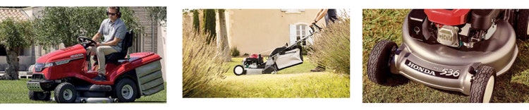Abbildung Honda Aufsitzmäher, Rasenmäher und Detailansicht eines Rasenmähers
